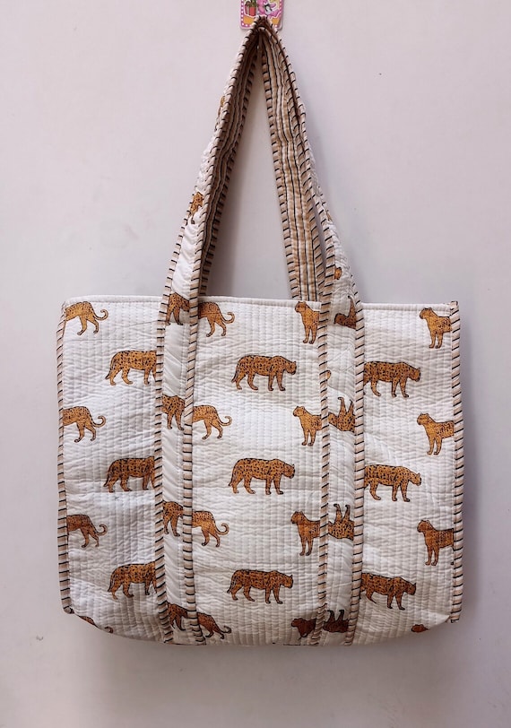 Cotton Quilted Bag, Tiger Print Bag, Indian Handmade Bag, Jhola Bag, Large Shopping Bag, Market Bag, Reversible Bag, Boho Bag, Unique Gifts
