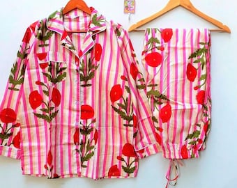 Floral Print Pajama Set: Indian Night Suit, Comfortable Nightwear Dress, Organic Cotton