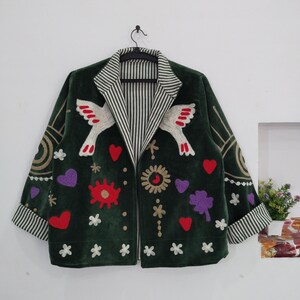 Bird Embroidered Velvet Jacket Women, Boho Jackets for Festival, Cotton Lined Statement Coat