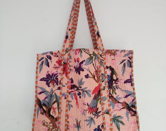Boho Quilted Tote Bag:Handmade Cotton Bird Shoulder Everyday Market Bag