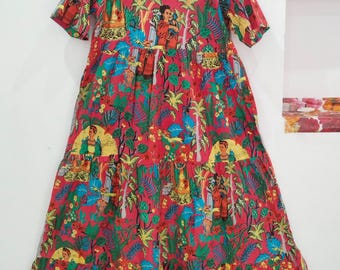 Cotton Midi Dress: Red Frida Print, Festival Wedding Wear