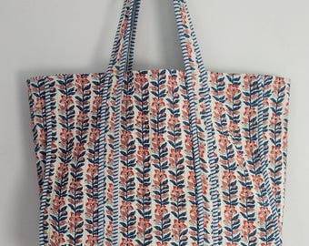 Handmade Quilted Cotton Tote Bag: Jaipuri Floral Print Shoulder Bag
