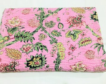 Colcha Kantha floral rosa: Colcha de algodón hecha a mano para cama tamaño Queen