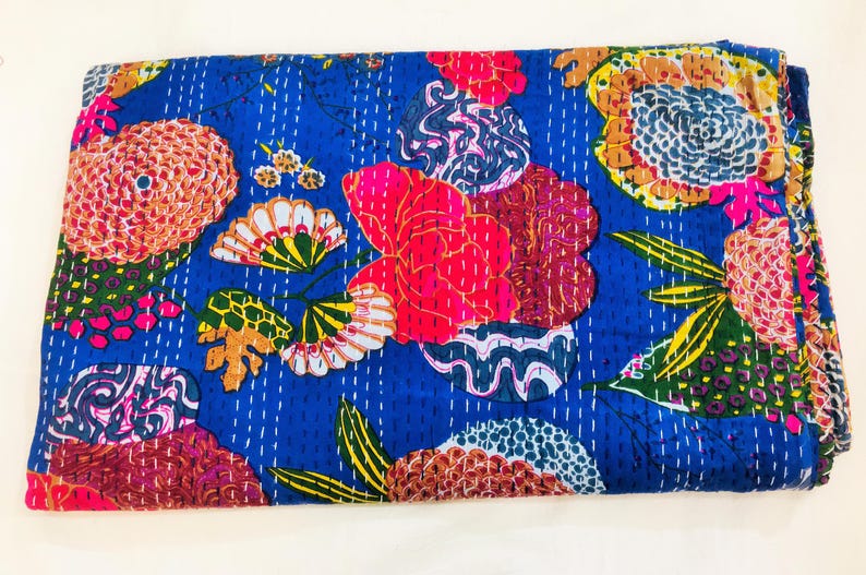 Couette kantha floral orange : couvre-lit en coton fait main, drap doux et confortable Blue