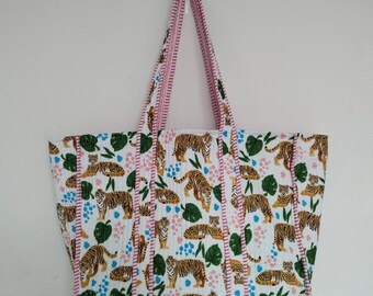 Handmade Quilted Cotton Tote Bag: Indian Tiger Print Market Shopping Bag