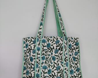 Block Print Quilted Cotton Tote Bag: Reversible Floral Shopping Bag