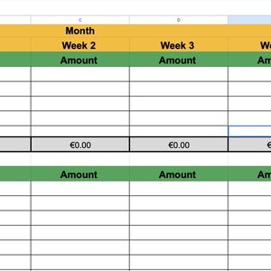 May include: A green and yellow spreadsheet with the headings "Category", "Week 1", "Week 2", "Week 3", "Week 4", and "Month End Overview". The spreadsheet is used to track income and expenses.