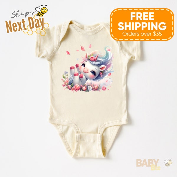 Baby Bodysuit "Cute Happy Unicorn" - whimsical Infant Birthday Gift Animals photoshoot quality fantasy spark imagination gift of magic