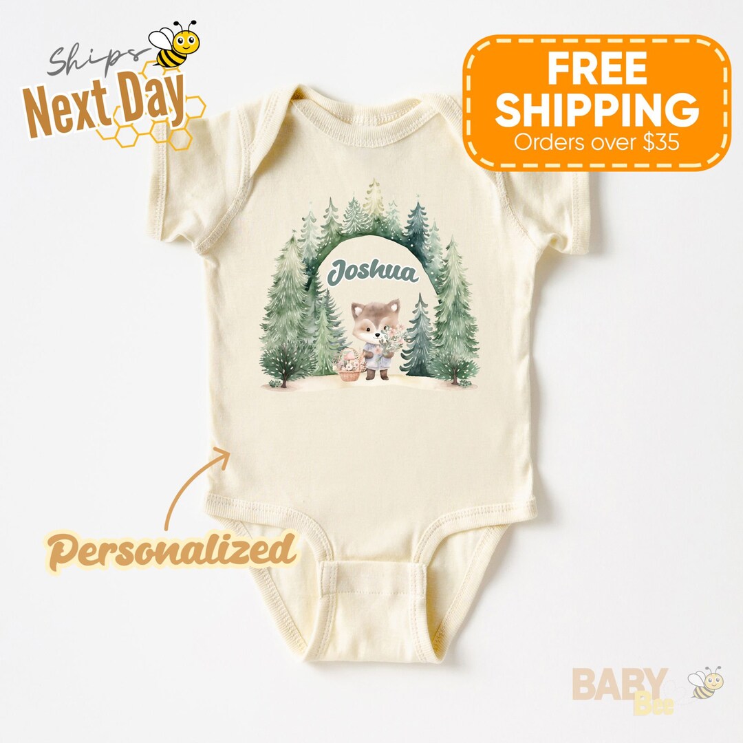 Personalized Baby Bodysuit wolf and Pine Trees Custom Cheerful Infant