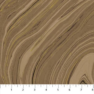 May include: Abstract fabric with a brown and gold marbled pattern. The fabric has a subtle sheen and a soft, flowing texture.