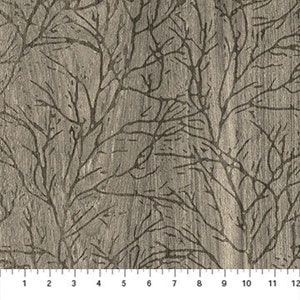 May include: A gray fabric with a repeating pattern of brown tree branches. The fabric has a subtle texture.
