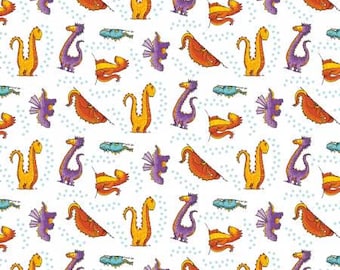 May include: A repeating pattern of whimsical cartoon dragons and other creatures in shades of yellow, purple, orange, and teal on a white background. The design includes small blue dots scattered throughout.