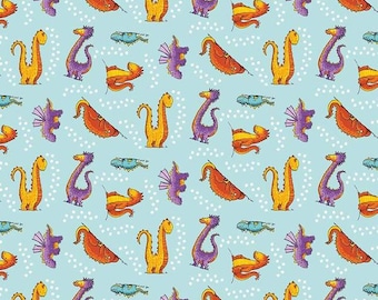 May include: A light blue fabric with a repeating pattern of cartoon dinosaurs in orange, purple, and yellow. The dinosaurs are interspersed with orange and yellow ribbon-like shapes, small blue fish, and white polka dots. The fabric is 12 inches wide.