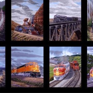 May include: A set of eight framed art prints showcasing vintage train scenes. The images depict various locomotives travelling through diverse landscapes, including mountains, bridges, and scenic routes. The artwork features detailed illustrations of trains.