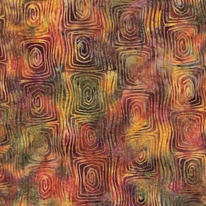 May include: Abstract fabric pattern featuring a repeating design of square spirals and wavy lines. The color palette includes shades of red, orange, yellow, and brown, creating a warm and earthy aesthetic. The fabric appears to have a textured surface.