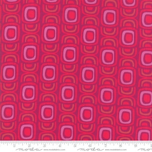 May include: A red fabric with a repeating pattern of concentric squares in shades of pink and red.