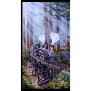 May include: A painting of a black steam train on a wooden trestle bridge in a forest. The train is releasing white smoke. Tall trees and a yellow caboose are in the background. The scene is illuminated by sunlight.