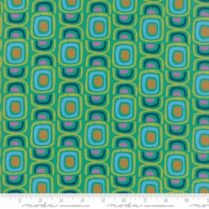 May include: A green fabric with a repeating pattern of overlapping squares in shades of blue, brown, pink, and yellow.