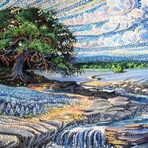 May include: A painting depicting a landscape with a large tree, a river, and a blue sky with white clouds. The painting is executed in a pointillist style, using small dots of colour to create the image.