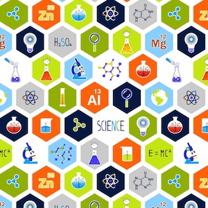 May include: A colorful hexagonal pattern with science-related icons and text, including 'SCIENCE', 'E=MC2', 'H2SO4', 'Zn', 'AI', 'Mg', and chemical formulas. The background is white.