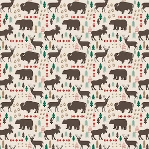 May include: A repeating pattern featuring silhouettes of bears, deer, moose, and bison in shades of brown. The design includes green and red stylized trees and geometric shapes on a cream background. This pattern is suitable for fabric or wallpaper.