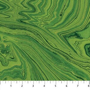 May include: Abstract green and gold marbled fabric with a swirling pattern.