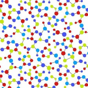 May include: A seamless pattern of colorful molecules with red, blue, green, and gray elements. The molecules are connected by lines, creating a repeating pattern.