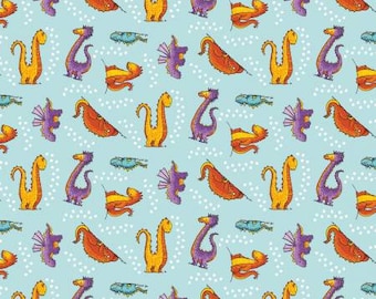 May include: A repeating pattern of whimsical cartoon dinosaurs and other creatures in orange, yellow, purple, and blue on a light blue background. The design includes small white dots, creating a playful and colorful illustration.