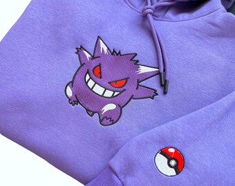 Sweat à capuche brodé Pokemon Gengar ; Sweat brodé Pokemon Gengar ; Broderie Pokémon ; Sweats à capuche Pokémon ; Sweat Pokémon Gengar