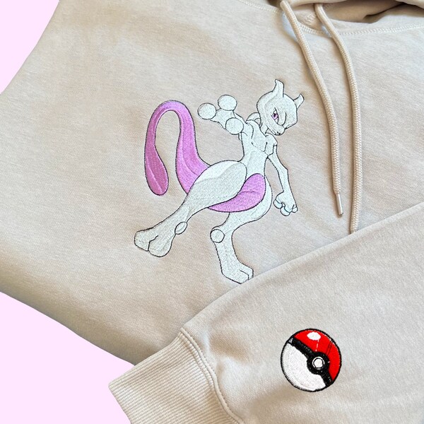 Sweat à capuche brodé Pokemon Mewtwo ; Sweat brodé Pokémon ; Broderie Pokémon ; Sweats à capuche Pokémon ; Sweat Pokemon Mewtwo, t-shirt manga