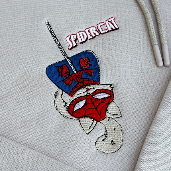 Spider-cat Embroidered Hoodie; Spider-cat embroidered sweatshirt; Spiderman embroidery; Spiderman Hoodies; Peter Parker hoodie; Spider-cat