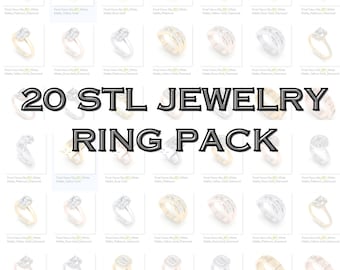 May include: A collection of 20 jewelry ring designs in various styles and metal finishes. The rings include diamond accents and are available in white, yellow, and rose gold, and platinum. The text "20 STL JEWELRY RING PACK" is displayed.