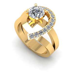 May include: A gold ring with a large, round diamond in the center. The ring has a unique design with a curved band that wraps around the diamond. The band is set with smaller diamonds.