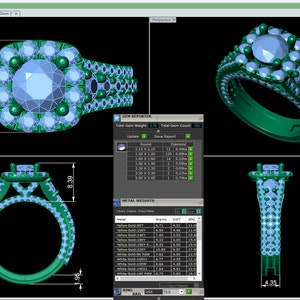 May include: A 3D rendering of a ring with a large center stone surrounded by smaller stones. The ring is made of yellow gold and has a total gem weight of 2.75 carats. The ring is 10.25 inches in diameter and 8.39 inches in height.