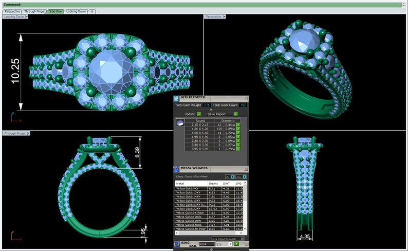 May include: A 3D rendering of a ring with a large center stone surrounded by smaller stones. The ring is made of yellow gold and has a total gem weight of 2.75 carats. The ring is 10.25 inches in diameter and 8.39 inches in height.