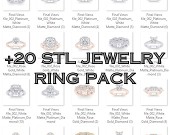 May include: A collection of 20 engagement rings in various styles, including platinum, rose gold, and white gold. The rings feature different diamond settings and band styles. The image includes the text "+20 STL JEWELRY RING PACK".
