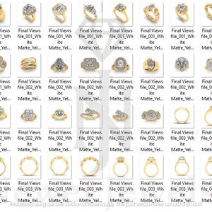 May include: A collection of 100 gold engagement rings with various diamond settings. The rings are displayed in rows on a white background.