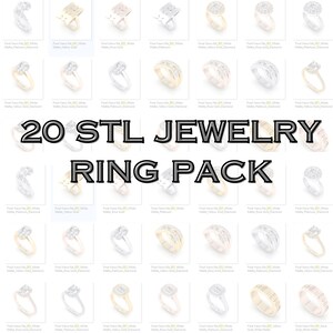 May include: A set of 20 STL files for 3D printing jewelry rings. The rings are in various styles and metals, including white gold, yellow gold, rose gold, and platinum. Some rings feature diamonds.