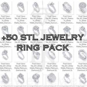 May include: A collection of 50 STL files for 3D printing jewelry rings. The image shows a variety of ring designs, including solitaire, halo, and pave settings. The rings are made of platinum and feature white diamonds.