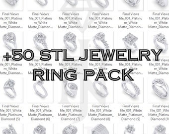 May include: A collection of 50 STL files for 3D printing jewelry rings. The image shows a variety of ring designs, including solitaire, halo, and pave settings. The rings are made of platinum and feature white diamonds.