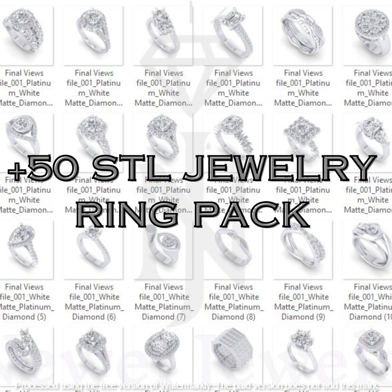 May include: A collection of 50 STL files for 3D printing jewelry rings. The image shows a variety of ring designs, including solitaire, halo, and pave settings. The rings are made of platinum and feature white diamonds.