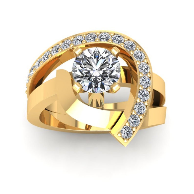 May include: A gold ring with a large round diamond in the center and smaller diamonds set in a curved band around the center stone.