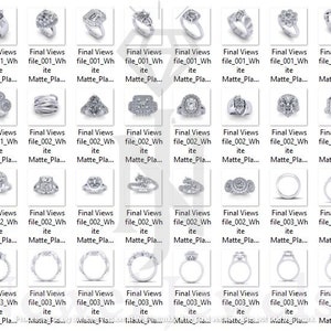 May include: A collection of 40 different engagement ring designs featuring various styles of settings, diamonds, and bands. The rings are displayed in a grid format, with each ring shown from a side view.