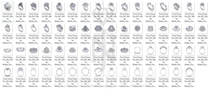 May include: A collection of 40 different engagement ring designs featuring various styles of settings, diamonds, and bands. The rings are displayed in a grid format, with each ring shown from a side view.