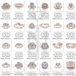 May include: A collection of 40 different engagement rings with various styles of settings and diamond shapes. The rings are all set in rose gold and feature white diamonds.