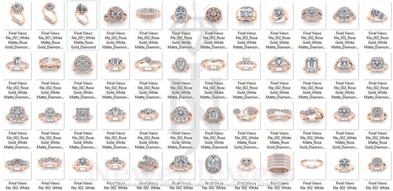 May include: A collection of 40 different engagement rings with various styles of settings and diamond shapes. The rings are all set in rose gold and feature white diamonds.