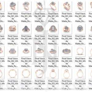 May include: A collection of 100 engagement rings with various styles, settings, and diamond shapes. The rings are displayed in a grid format, with each ring in its own square. The rings are all set in gold.