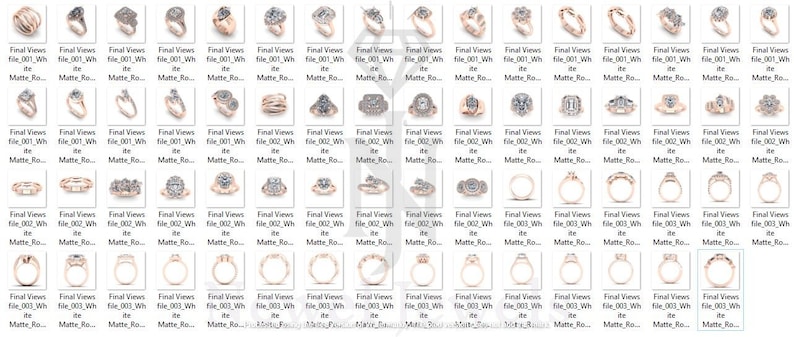 May include: A collection of 100 engagement rings with various styles, settings, and diamond shapes. The rings are displayed in a grid format, with each ring in its own square. The rings are all set in gold.