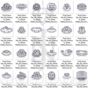 May include: A collection of 40 engagement rings with various styles and settings. The rings are made of white platinum and feature white diamonds.