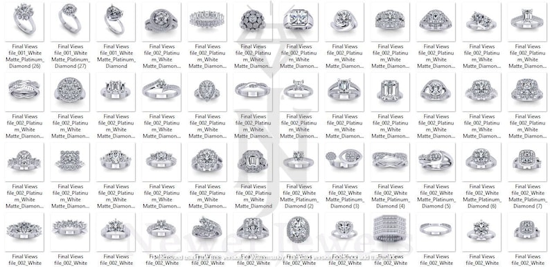 May include: A collection of 40 engagement rings with various styles and settings. The rings are made of white platinum and feature white diamonds.